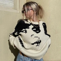 gothic women knitted sweater portrait print pullover long sleeve round neck loose jumper y2k fashion vintage knitwear streetwear