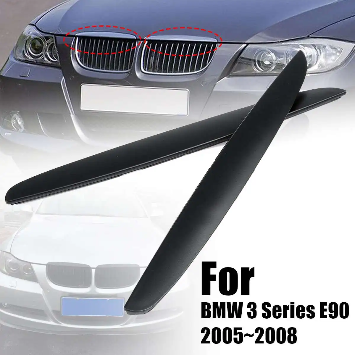 

Matte Black Front Grill Upper Eyebrow Eyelid Kit For BMW 3 Series E90 2005~2008