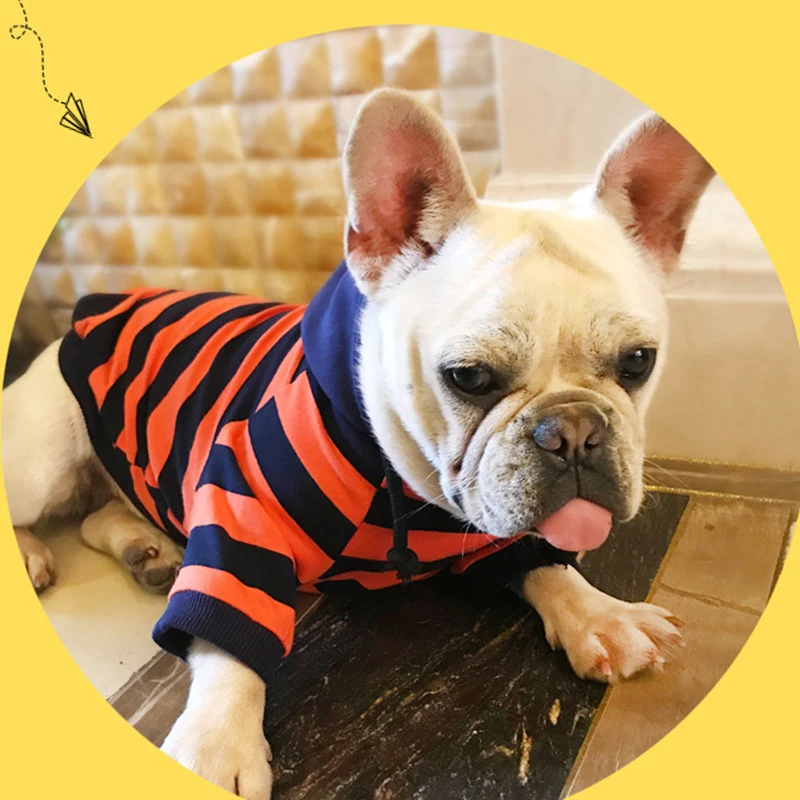 

Pet Clothing Spring and Autumn Teddy Small Dog T-shirt Dog Striped Hooded Casual Clothes Two-legged Clothes