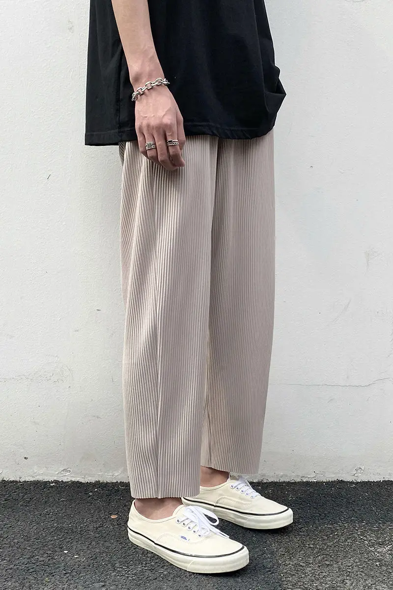 

IEFB Pleated Straight Pants Men's Fashion Solid Color Elastic Waist Casual Pants New Streetwear Loose Japanese Ice Silk Trousers