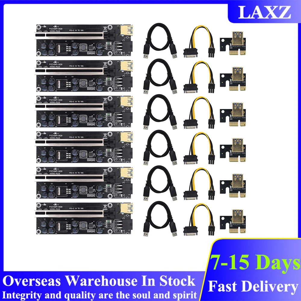 

6Sets VER009S Plus Riser Card 1X To 16X Extender PCIE PCI PCI-E 009S Plus Riser 6Pin Graphics Extension Adapter GPU Miner Mining