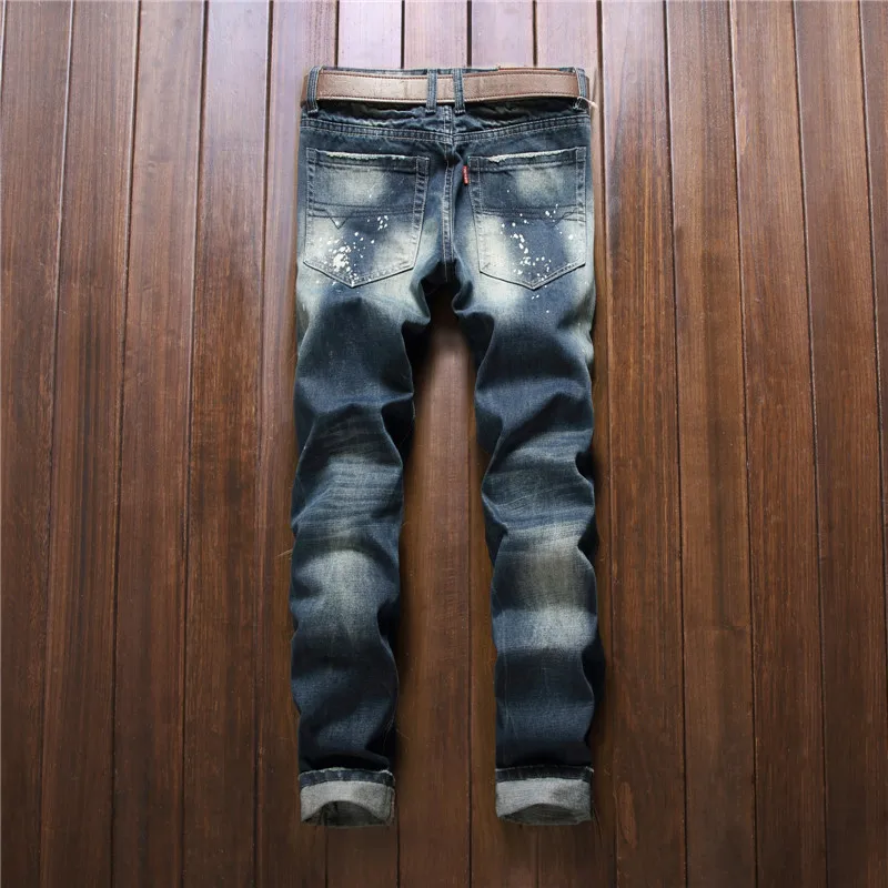 

Men's Ripped Jeans Badge Straight Slim Jeans Splash-Ink Distressed Fashion Pants European and American