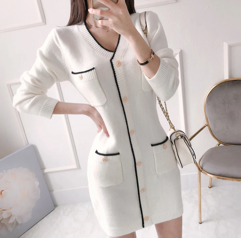 

Winter Spring V-Neck Long-Sleeve Single-Breasted Loose Knitted Dress Female Mini Sheath Sweater Vestidos