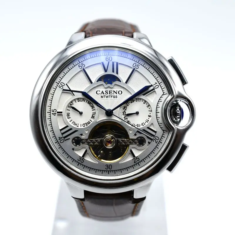 CASENO роскошный кожаный ремешок tourbillon Мужские механические часы дропшиппинг день Дата Скелет Золотые часы Мужские автоматические наручные часы