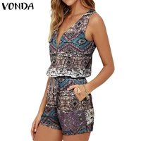 printed playsuit vonda women suspenders 2021 bohemian overalls casual sleeveless playsuits fashion vintage jumpsuits