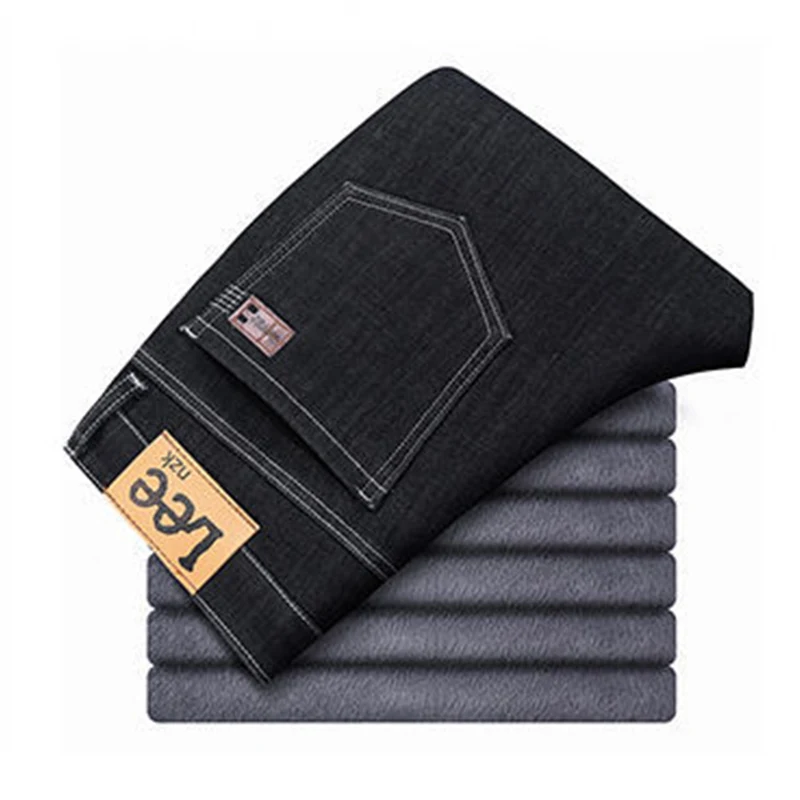 2021 Winter New Men Warm Slim Fit Jeans Business Fashion Thicken Denim Trousers Fleece Stretch Pants Black Blue