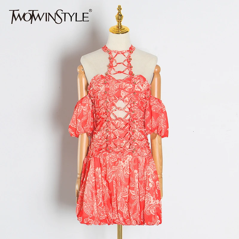 TWOTWINSTYLE Hollow Out Sexy Dress For Women Off Shoulder Puff Sleeve High Waist Beading Patchwork Mini Dresses Female New