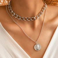 charm ins retro queen coin person head thick chain necklace cold wind double hip hop short clavicle necklace female party