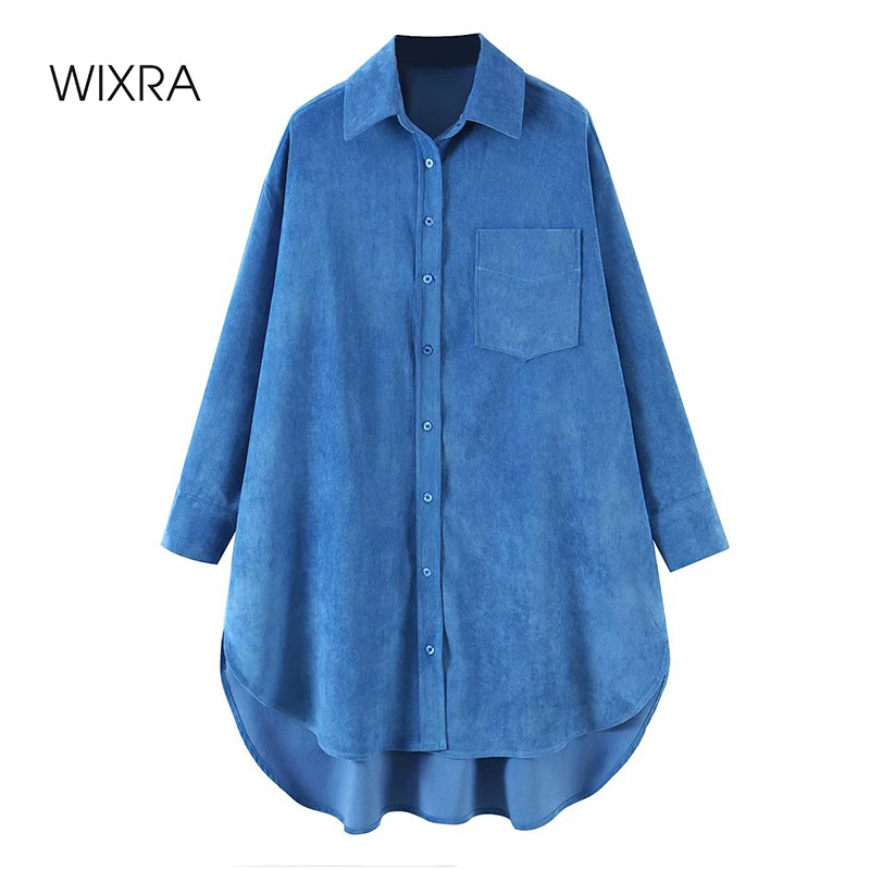 

Wixra Womens Corduroy Blouse Long Sleeve Casual Female Oversized Blue Shirts 2021 Spring Summer New High Street Tops