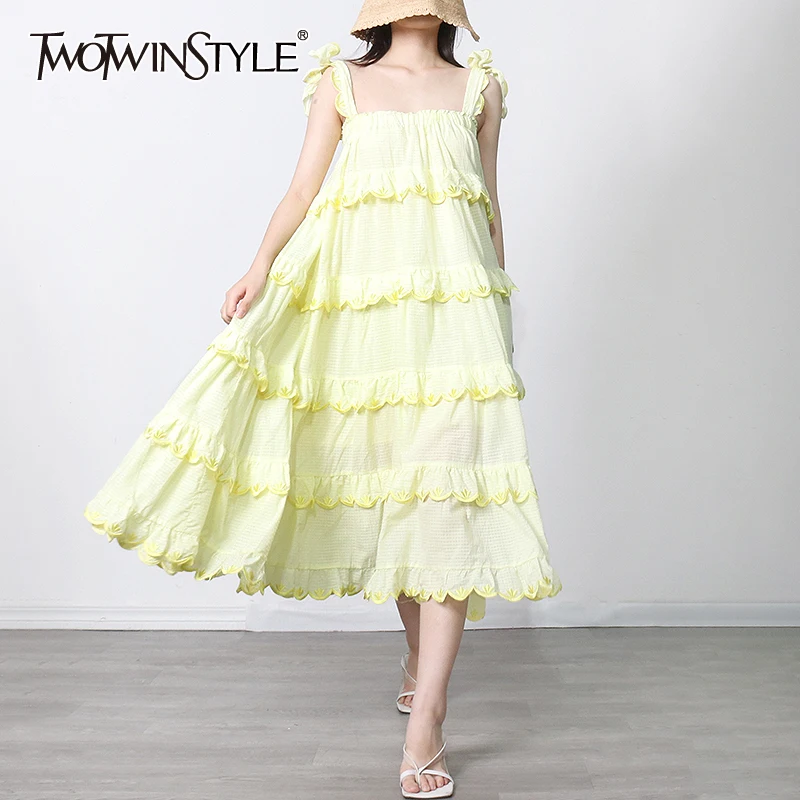 

TWOTWINSTYLE Casual Patchwork Sling Dress For Women Square Collar Sleeveless Lace Up Bow White Dresses Female Fashion New 2021