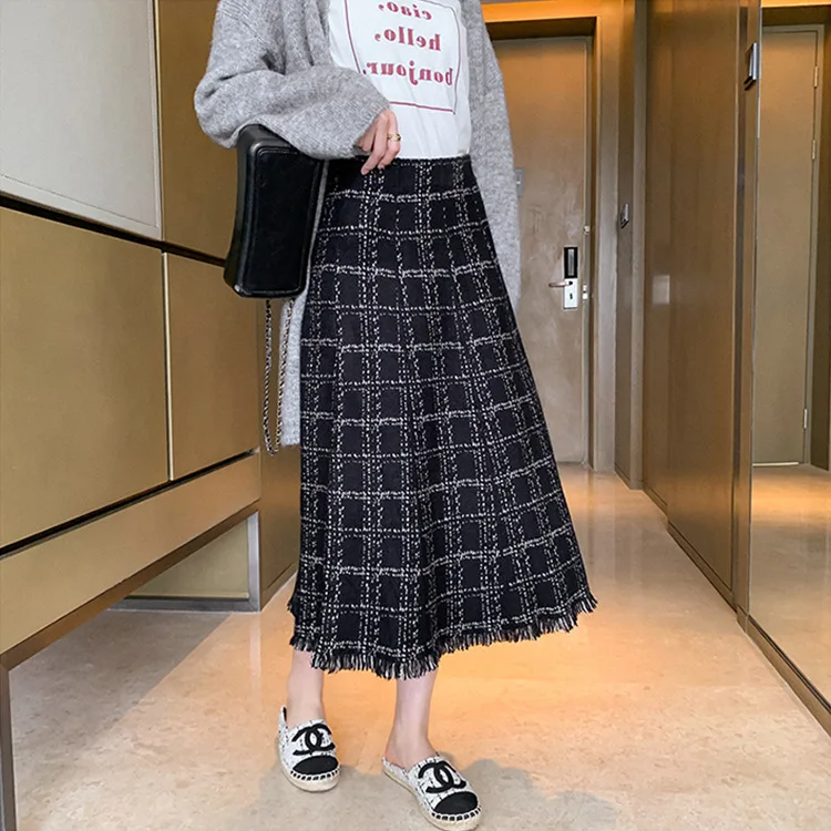 

Юбка-миди Женская трикотажная в клетку, с бахромой, с завышенной талией