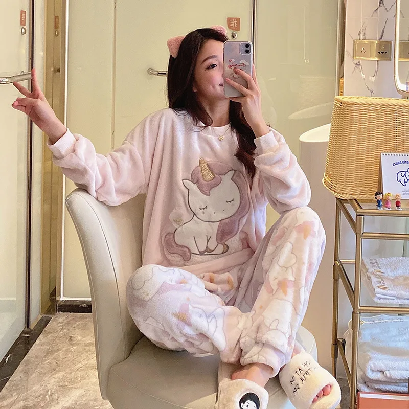 QWEEK Pajama Set Women Flannel Pijamas Winter Home Clothes Unicorn Loungewear Sleepwear Knitting Pyjamas Comfortable Warm Sweet