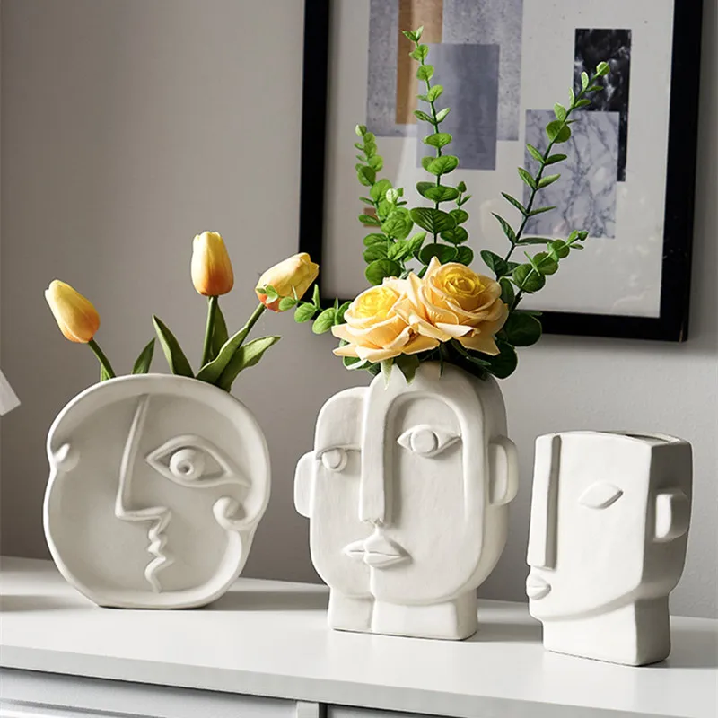 İskandinav dekor yaratıcı sanat yüz şekli porselen çiçek vazosu ev dekor oturma odası dekorasyon yemek masası ev seramik süs