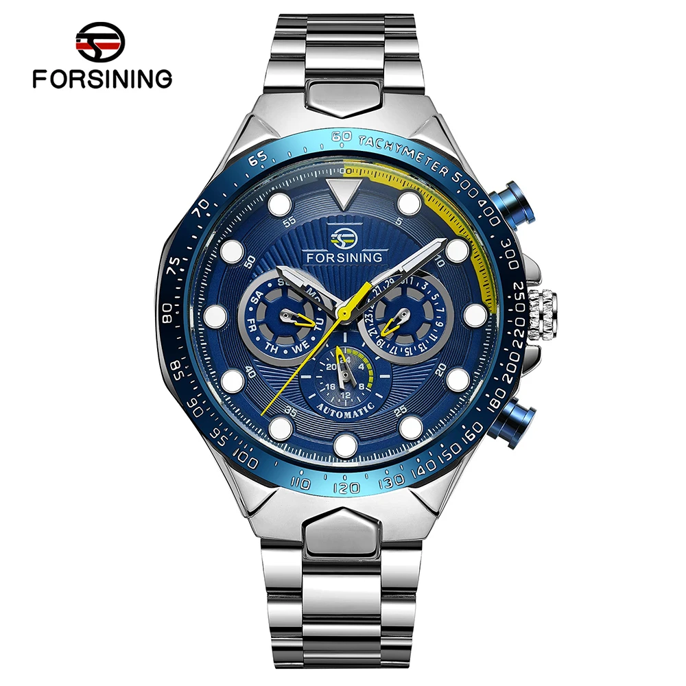 

Forsining Fashion Full Blue Mechanical Watch Men's Automatic Three Dial Calendar Display Male Sport Steel Band Saat Reloj Hombre