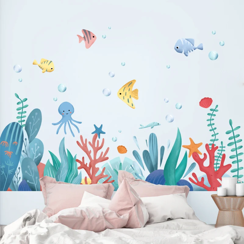 

[SHIJUEHEZI] Fish Animals Wall Stickers DIY Seagrass Plants Wall Decals for Kids Room Baby Bedroom Bathroom Home Decoration