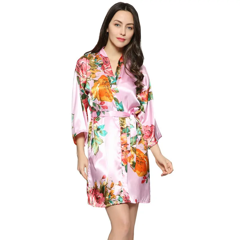 Women Silk Satin Floral Robe Bridesmaid Bride Robes Wedding Bridal Mother Sister Gown Bathrobe Dress Sleepwear Plus Size Belt