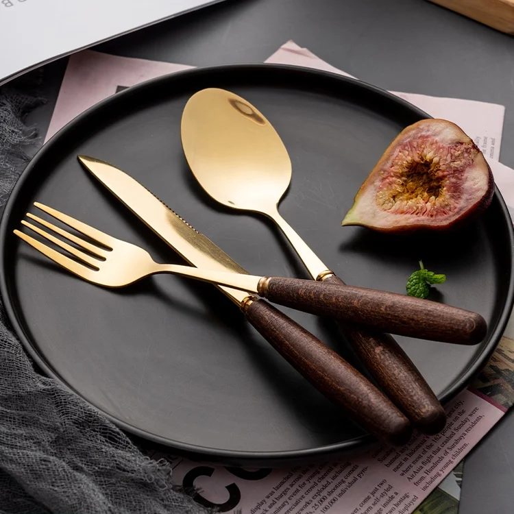 

Wood Handle Cutlery Set Fork Spoon Knife Luxury Picnic Gift Set Dinnerware Sets Stainless Steel Cubiertos Kitchen Tableware 50