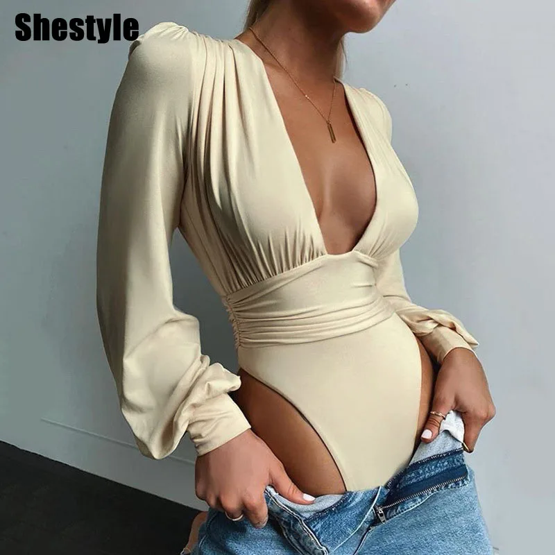 

Shestyle Deep V Neck Lantern Sleeve Sexy Elegant Tight High Waist Ruched Solid New Arrivals Fashion Button Thong Bodysuits Women