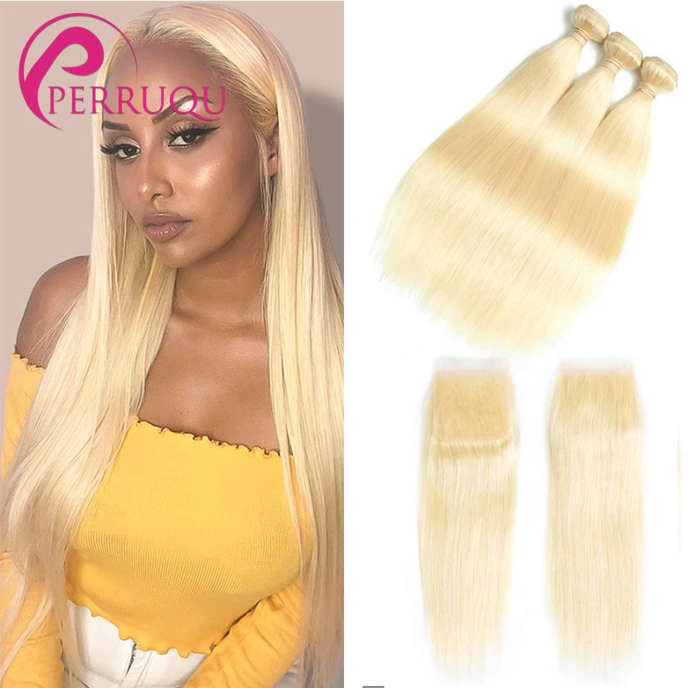

613 Blonde Bundles With Closure Brazilian Straight Remy Human Hair Weave 30 40 Inch Honey Blonde 613 Bundles With 4x4 Closure