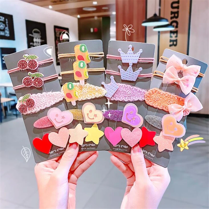 

5 pcs/set Sweet Cute Girls kids Hair Accessories Elastic Hairband Headband Lovely Children Lace Bow Heart Hair Clips Headwear