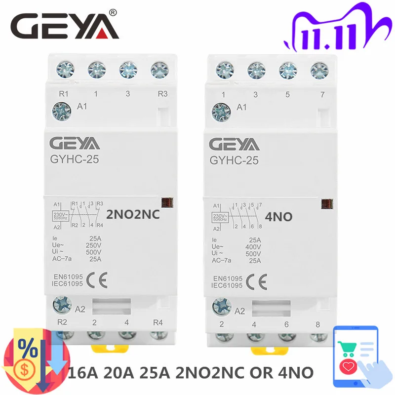 Geya Gyhc 25a 220v – 230v 50 60hz Din Ferroviário Casa ac Contator Modular 4no ou 2no2nc 4p 16a 20a