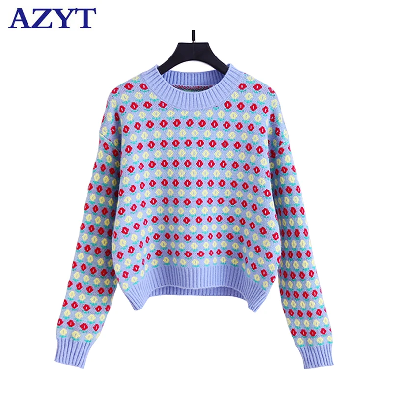 

AZYT 2021 Autumn O Neck Pullover Women Sweater Vintage Style Floral Print Knit Jumpers Female Winter Warm Base Sweater Women