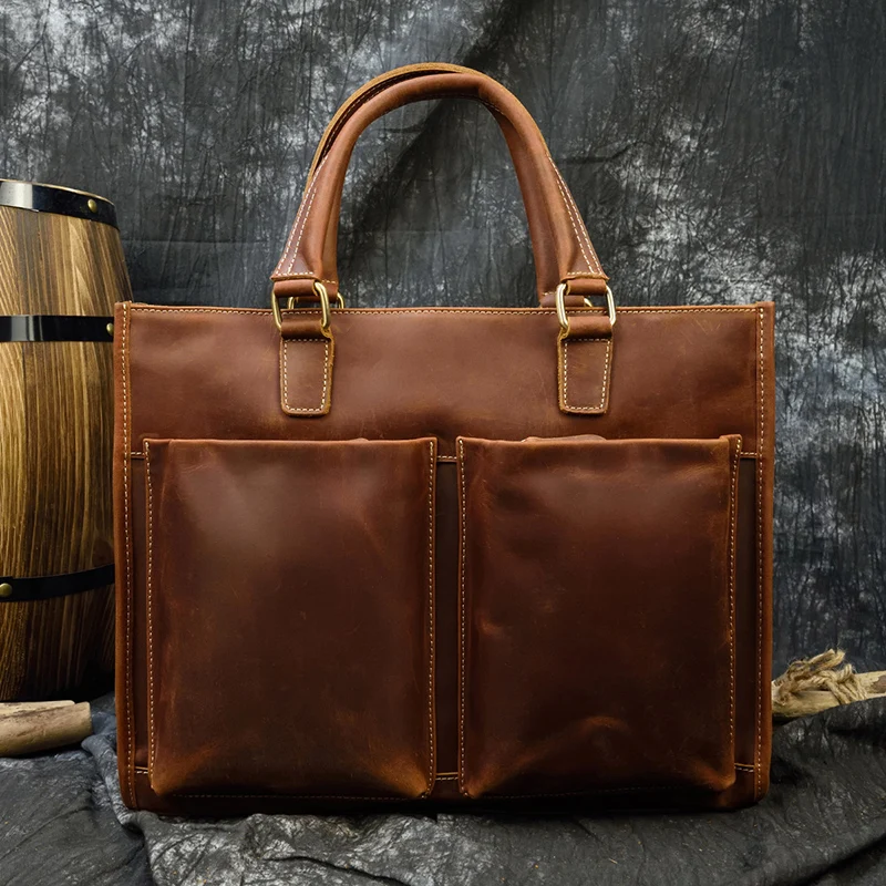 Luufan Crazy Horse Leather Briefcase Handbags Men Male 15.6 Inch Laptop Bag Big Capactiy Tote Bags PC Computer Bag Real Cowskin
