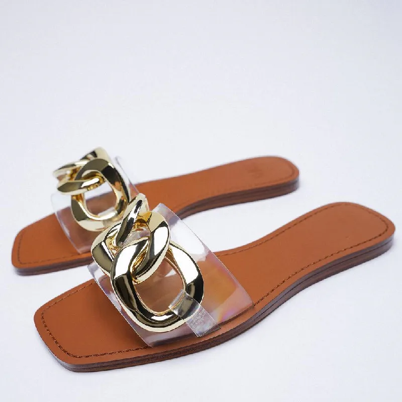 

ZAR Slippers Women Summer Luxury 2021 New PVC Transparent Metal Chain Flat Sandals Brand Woman Beach Shoes Plus Size 41 Femme