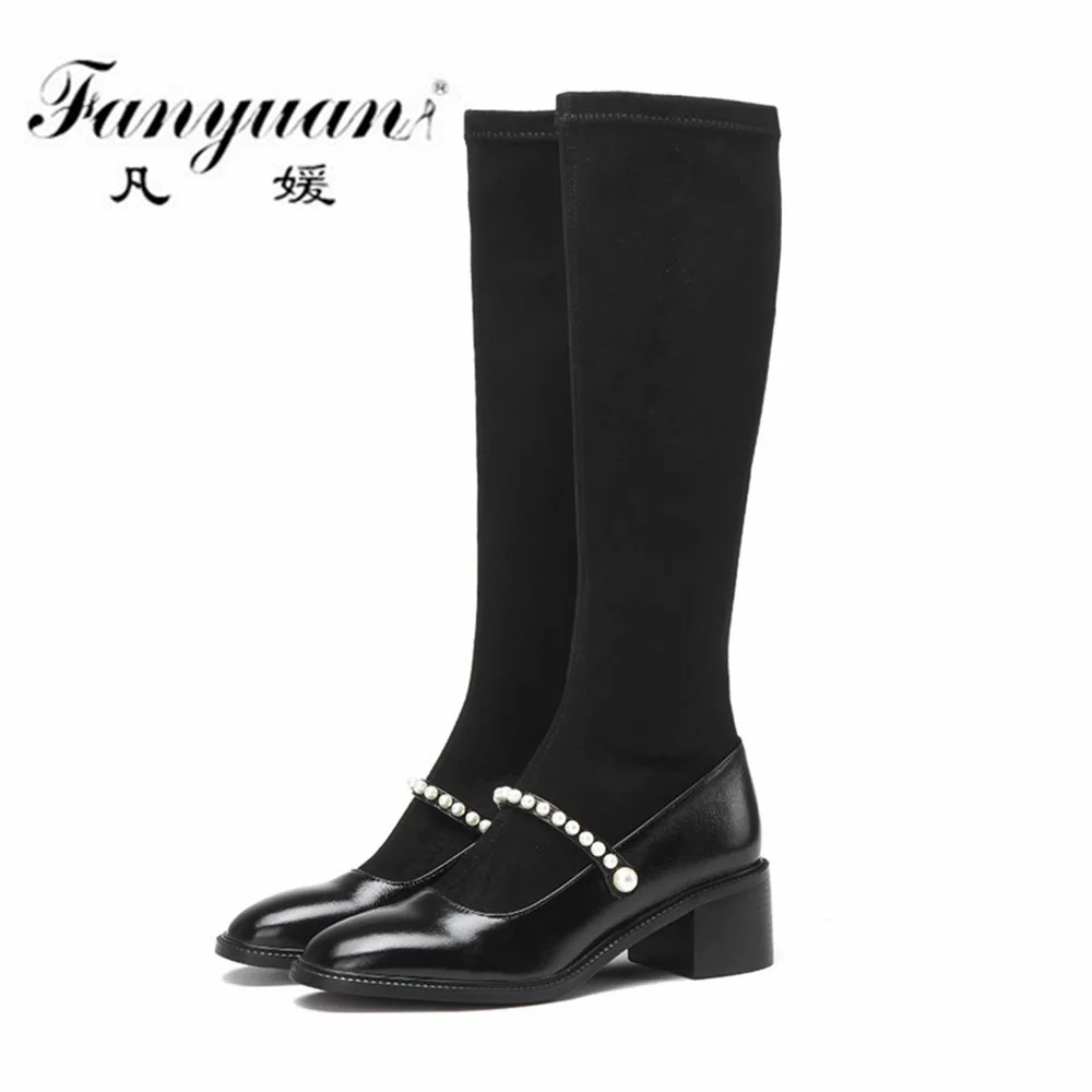 

Fanyuan Genuine Leather Women Ankle Boots Autumn Winter Splicing Stretch Boots Chain Lolita Style Round Toe Casual Shoes Woman