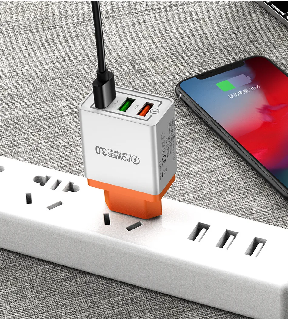 USLION 3 Ports USB Charger Quick charge 3.0 for iPhone X S 8 7 6 EU&US Plug Fast Wall Charger Charging For Samsung Xiaomi Huawei