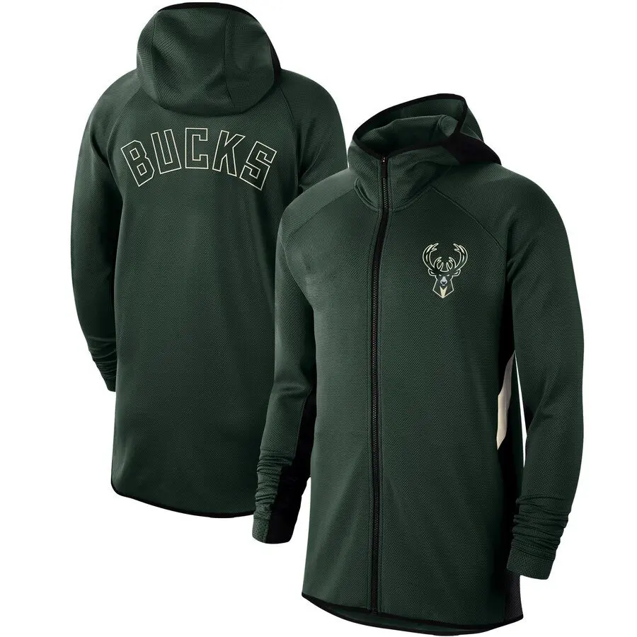 

2020 NBA Milwaukee Bucks MEN Heathered jacket Authentic Earned Edition Showtime Therma Flex Performance Full-Zip Hoodie