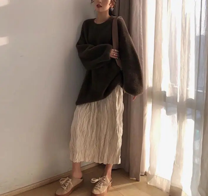 

High Waist Women Skirt spring solid Casual Vintage A line Skirts autumn suede Lady empire Fashion Simple skirt long t677y