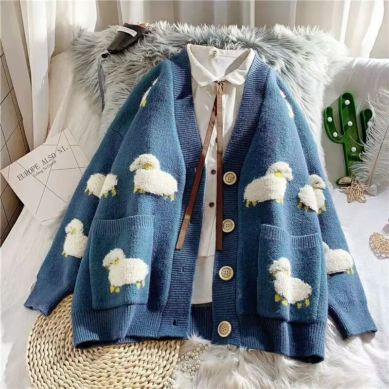 

Autumn Winter Female Cardigan Loose Streetwear Sweater Women Coat Cute Cartoon Print V Neck knitted Cardigan Jacket