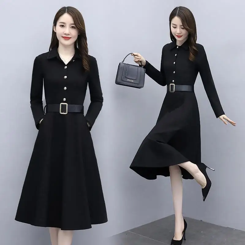 

Women's Spring Autumn Style Dress Women's Long Sleeve Button Turn-Down Collar Solid Color Korean Casual Dress AA3445