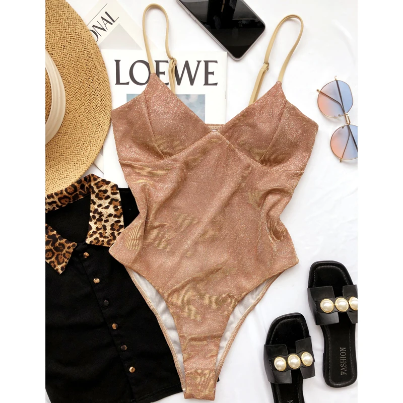 

One Piece Shiny Swimsuit Women Swimwear 2021 New V Neck Brazilian Bathing Suit Monokini Bodysuit Beachwear Swimming For Female