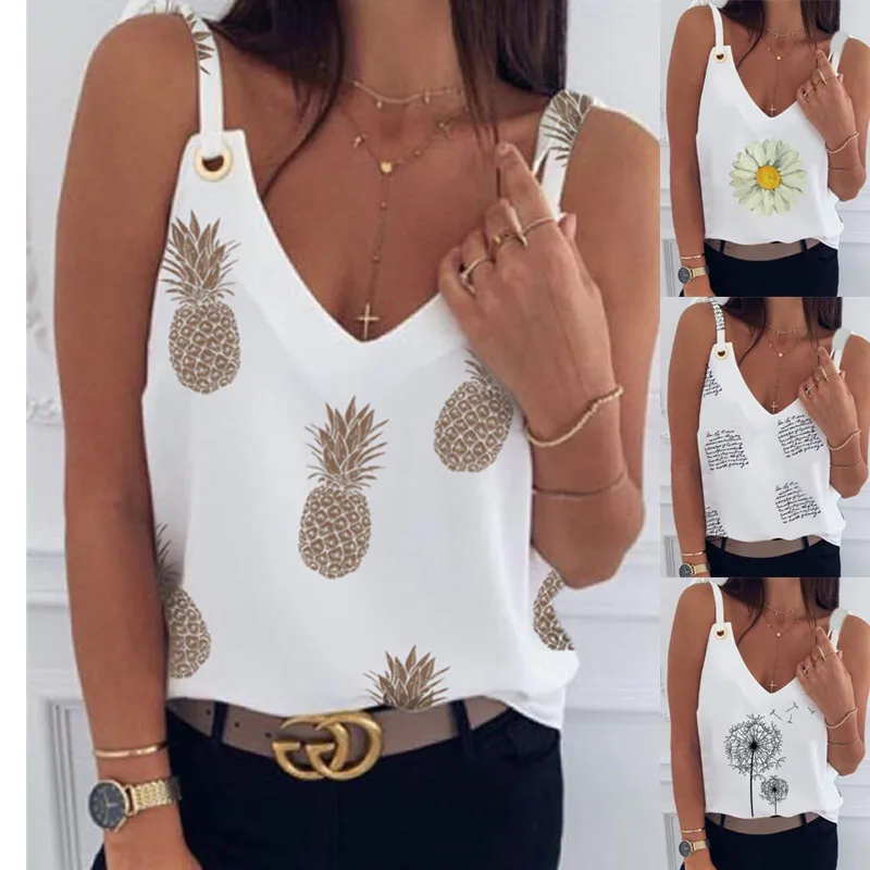 

Women Sexy V-Neck Sleeveless Blouse Shirt Elegant Vest Flower Print Loose Tops Summer Lady Off Shoulder Plus Size Blusa Shirts