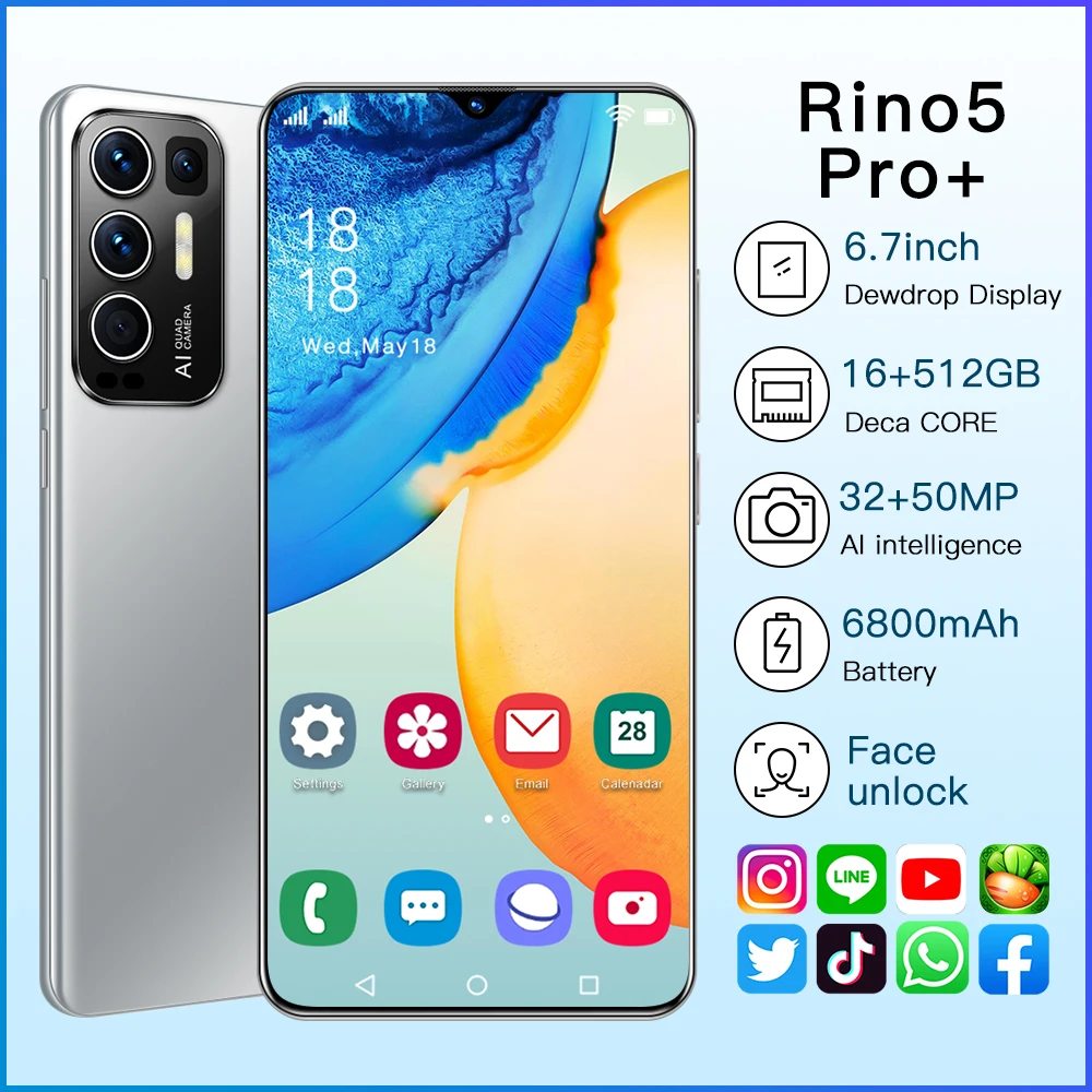 

Rino5 Pro+ 6.7 Inch 16GB+512GB 32MP+50MP 10 Core Cell Phones Face Fingerprint Id Android 11 Smartphone Full Display Cellphone