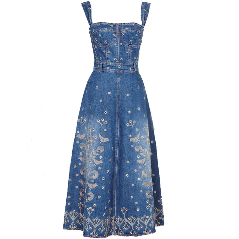 Женское джинсовое платье с цветочной вышивкой подиумное дизайнерское свободное