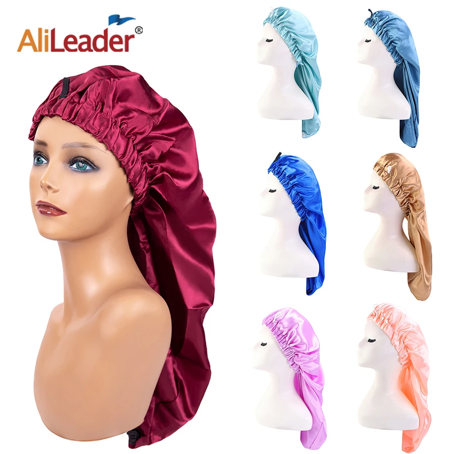 Custom Logo Fshion Long Satin Night Sleep Cap Hair Bonnet Hat Silk Head Cover Wide Elastic Band Satin Bonnet Sleep Night Cap Hat