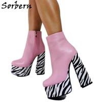 sorbern wild zebra heels boots for women thick platform shoes short lady booties side zipper block heeled motorcycle women boots