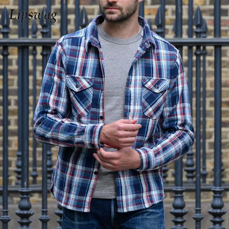 

Casual Buttoned Turn-down Collar Tops Cardigan Men Spring Autumn Long Sleeve Shirts Fashion Plaid Printed Shirt Mens Streetwear