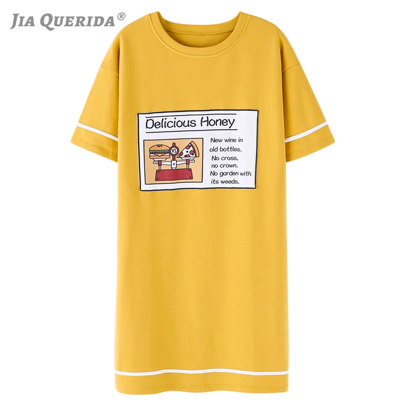 Korean Style Lady's Pajamas Yellow Printing Sleepshirt Long Shirt Womens Nightgowns Round Neck Knitted 100% Cotton Chic Homewear | Женская