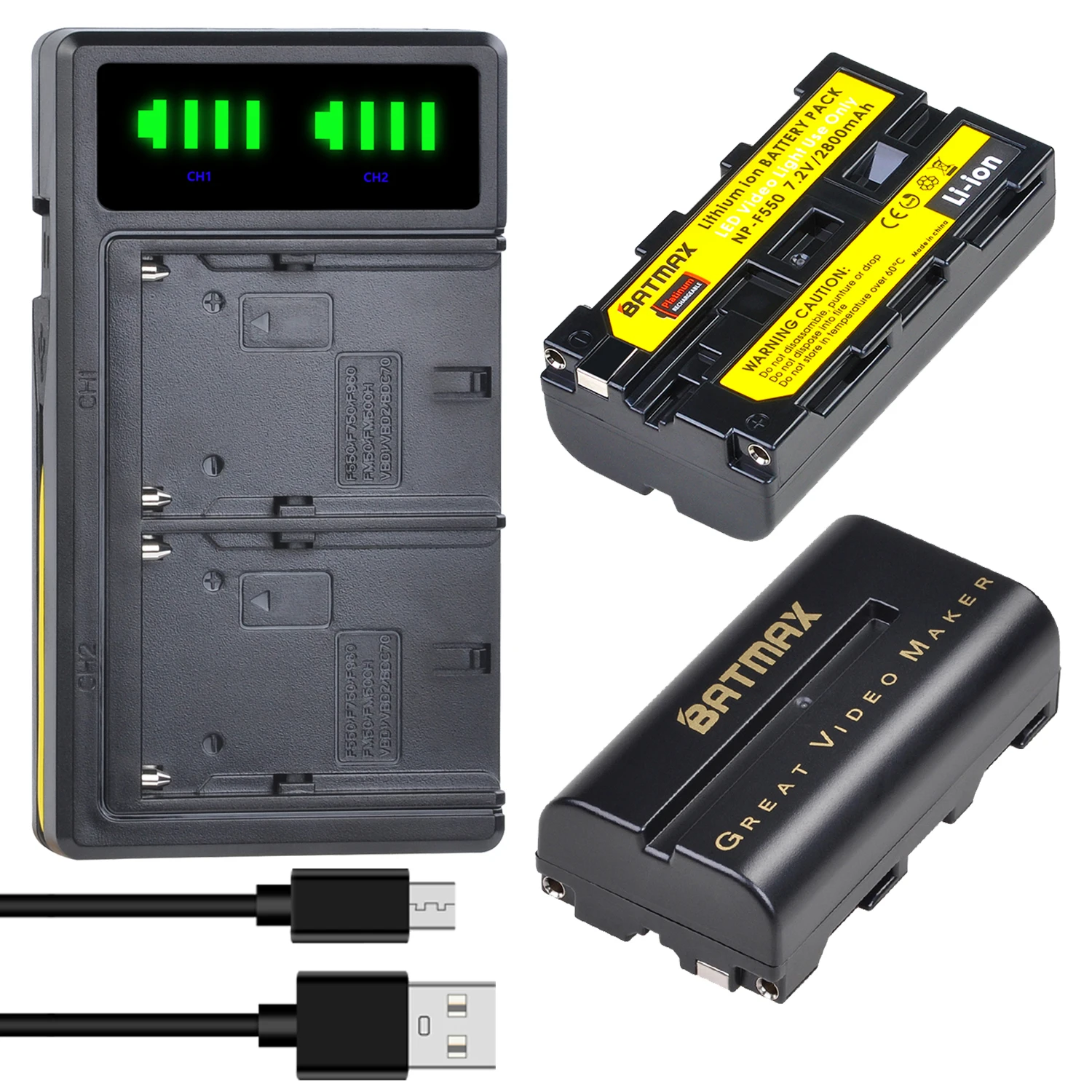 Batmax NP-F550 NP-F570 Battery+LED Dual Charger with Type C for Yongnuo Viltrox Video Light YN300 II YN300 III YN600 Air T119S