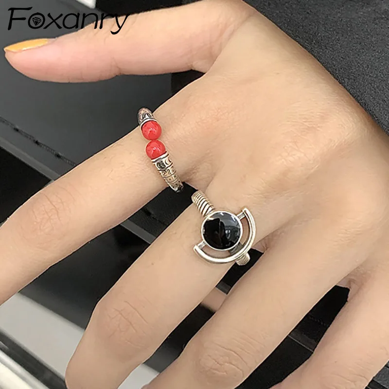 

Foxanry 925 Sterling Silver Matches Rings INS Fashion Creative Hollow Moon Geometric Vintage Punk Party Jewelry Gifts for Women