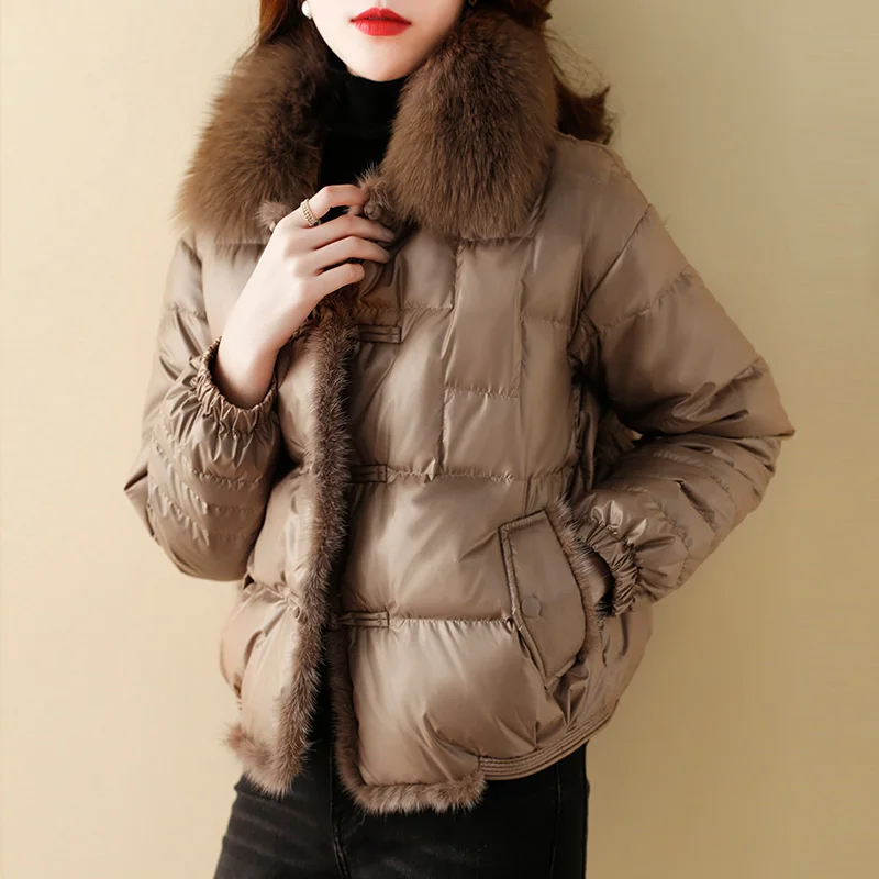 

Aibeautyer Winter Ladies Warm Puffer Coat Female Vintage Button Parer Coats Women Real Fox Fur Collar 90% White Duck Down Jacket