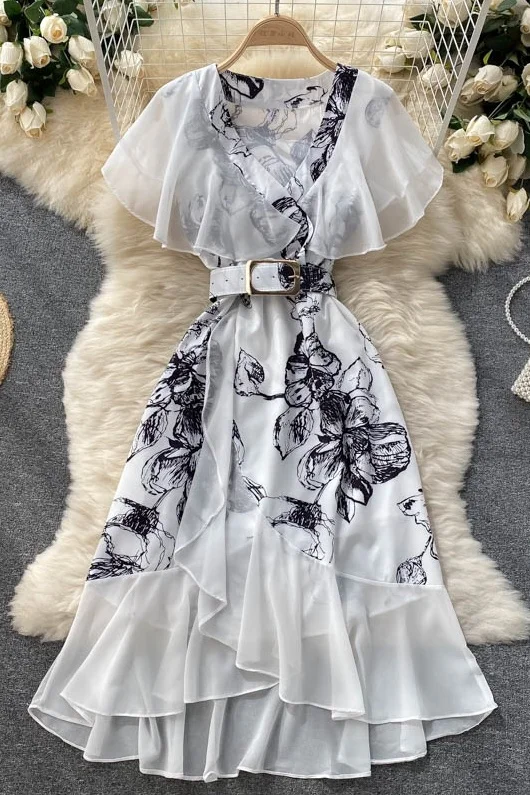 

Vintage Fashion Elegant Ruffles Summer Dress Women Flare Short Sleeve Empire V Neck Midi Long Korean Floral Print Dresses