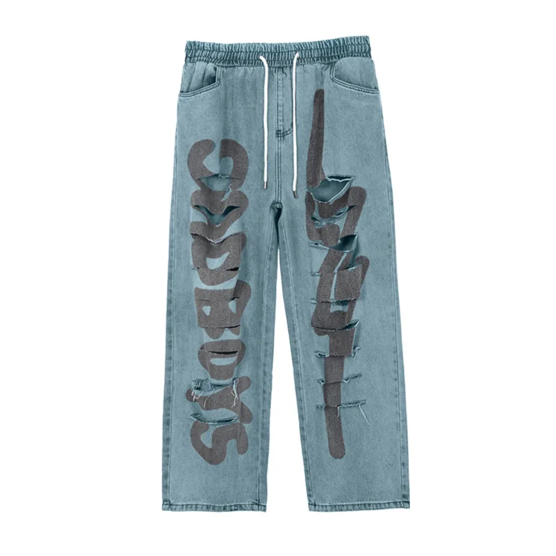 

Men Popular Tidal Cards Loose Jeans Boy Personality Break the Hole Broad Legs Straight Pants Hip Hop Leisure Trousers