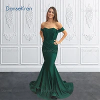 off the shoulder mermaid evening dresses 2022 dark green elegant long dress for women pleat satin formal dress for party
