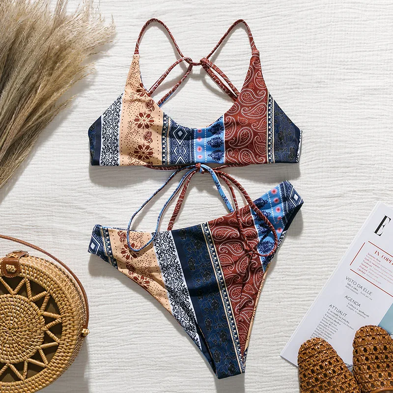 Сексуальные сшитые купальники с принтом женский купальный костюм из веревки