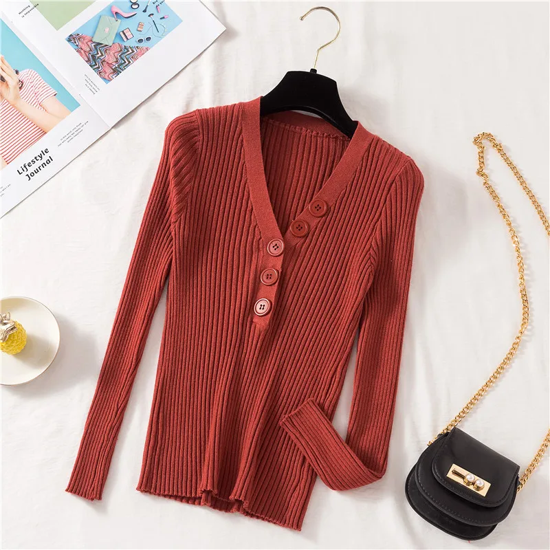 

Womens Sweater 2019 winter Women Knitted V neck Buttons Sweater Casual Soft polo-neck Jumper Fashion Slim Femme Tight Pullover